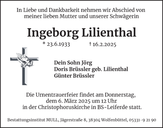 Traueranzeige von Ingeborg Lilienthal 