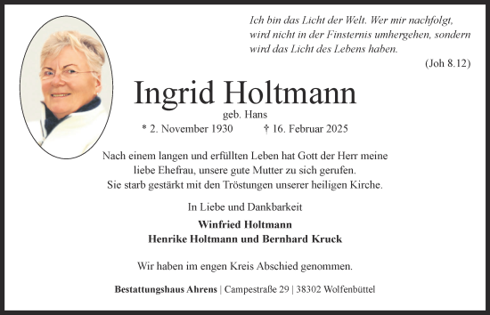 Traueranzeige von Ingrid Holtmann 
