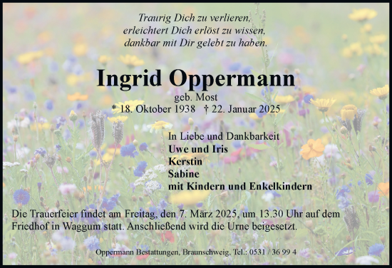 Traueranzeige von Ingrid Oppermann 