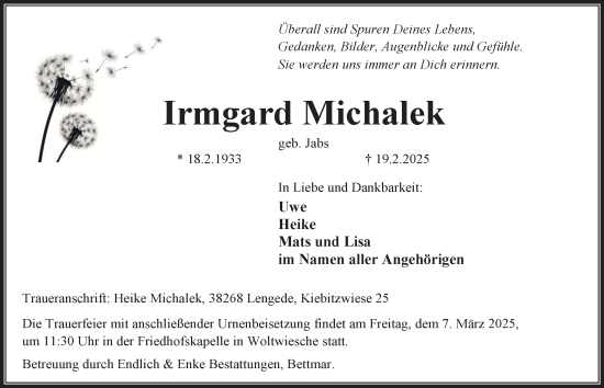 Traueranzeige von Irmgard Michalek von Peiner Nachrichten