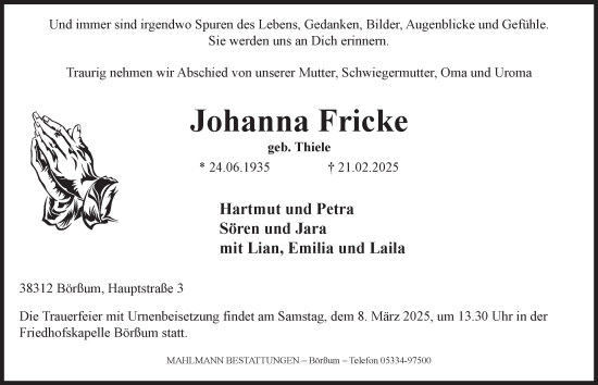 Traueranzeige von Johanna Fricke von Wolfenbütteler Zeitung