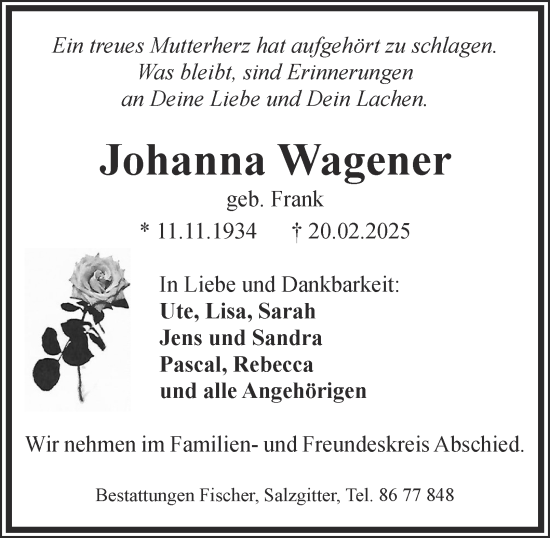 Traueranzeige von Johanna Wagener von Salzgitter-Zeitung