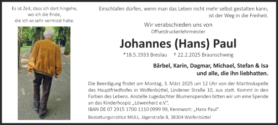 Traueranzeige von Johannes  Paul 