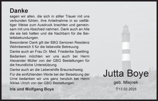 Traueranzeige von Jutta Boye 