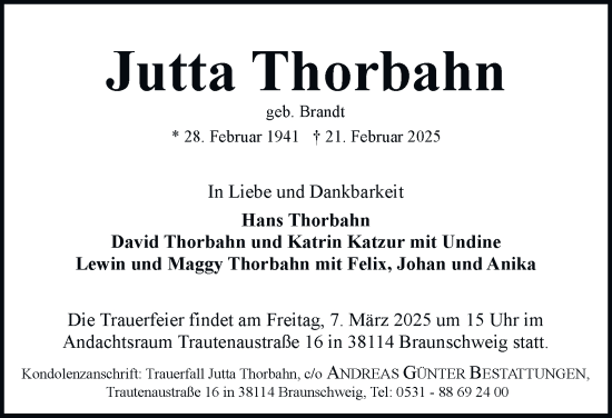 Traueranzeige von Jutta Thorbahn 