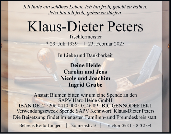 Traueranzeige von Klaus-Dieter Peters 