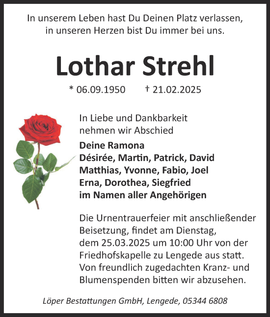 Traueranzeige von Lothar Strehl von Peiner Nachrichten