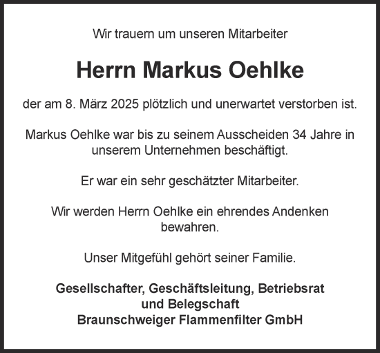 Traueranzeige von Markus Oehlke 