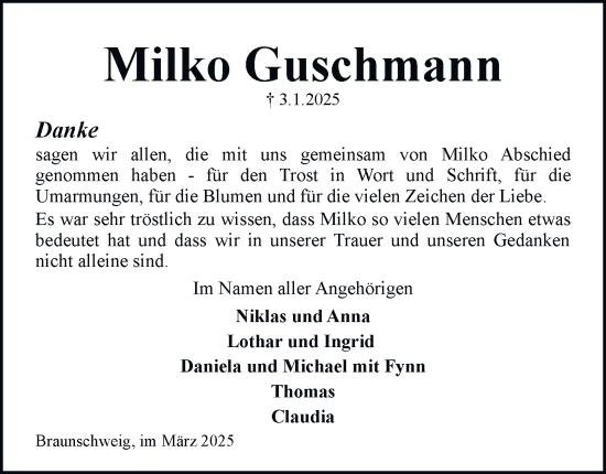 Traueranzeige von Milko Guschmann 