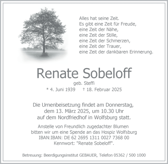 Traueranzeige von Renate Sobeloff 