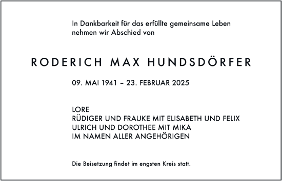 Traueranzeige von Roderich Max Hundsdörfer 