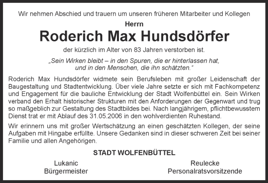 Traueranzeige von Roderich Max Hundsdörfer von Wolfenbütteler Zeitung