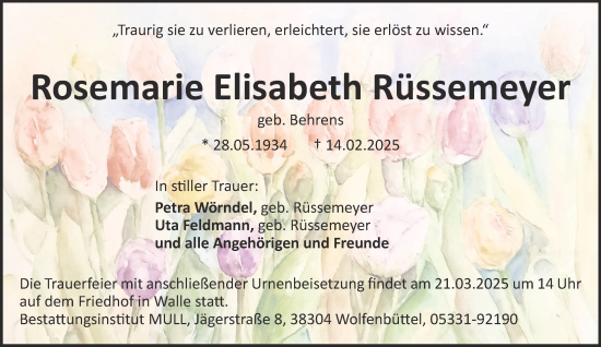 Traueranzeige von Rosemarie Elisabeth Rüssemeyer 