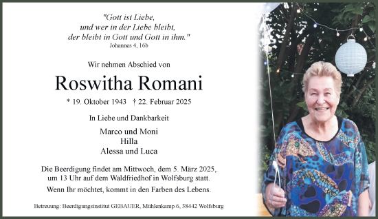 Traueranzeige von Roswitha Romani 