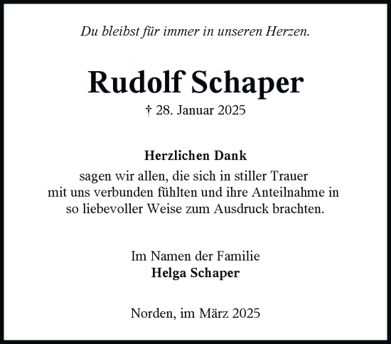 Traueranzeige von Rudolf Schaper von Salzgitter-Zeitung
