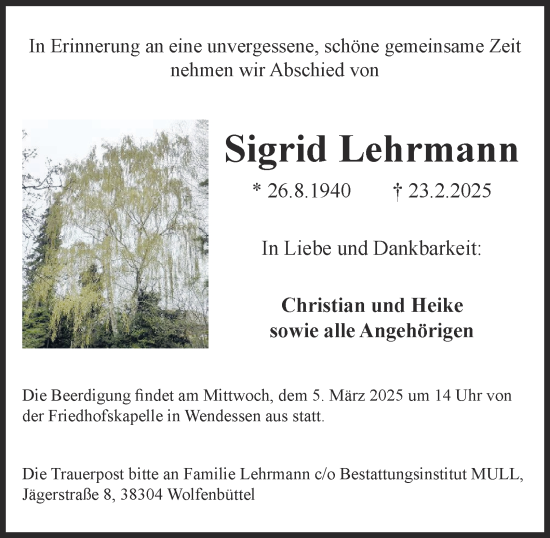 Traueranzeige von Sigrid Lehrmann von Wolfenbütteler Zeitung