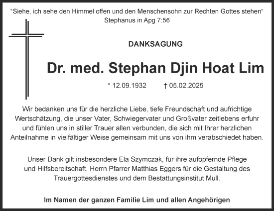 Traueranzeige von Stephan Djin Hoat Lim von Wolfenbütteler Zeitung