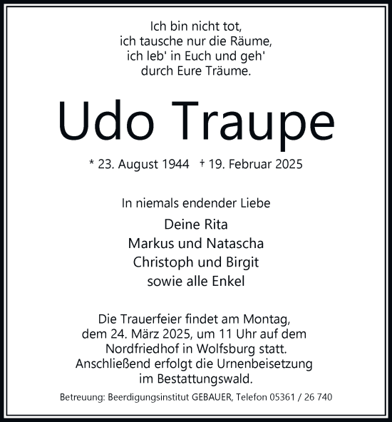 Traueranzeige von Udo Traupe 