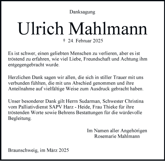 Traueranzeige von Ulrich Mahlmann 