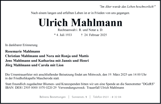 Traueranzeige von Ulrich Mahlmann 