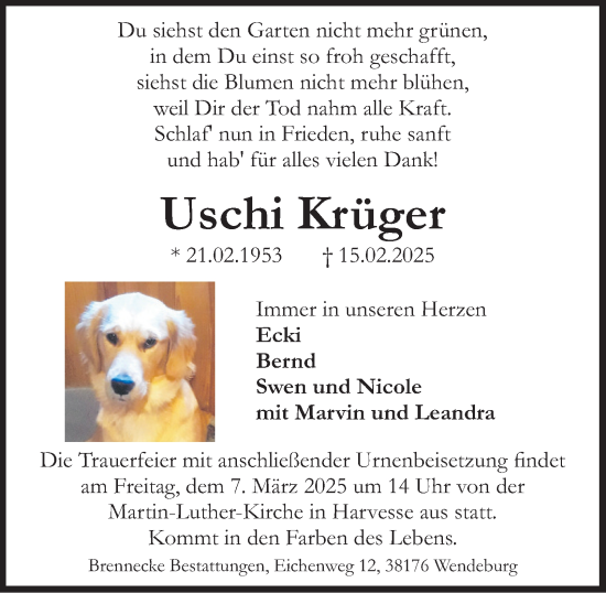 Traueranzeige von Uschi Krüger 