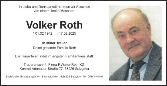 Traueranzeige von Volker Roth von Salzgitter-Zeitung