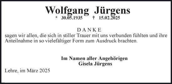 Traueranzeige von Wolfgang Jürgens von Helmstedter Nachrichten