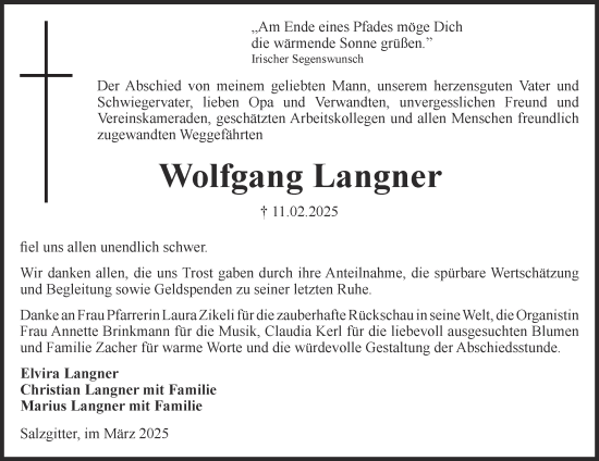 Traueranzeige von Wolfgang Langner von Salzgitter-Zeitung