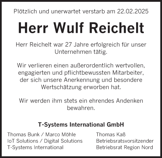 Traueranzeige von Wulf Reichelt 
