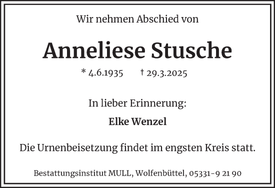 Traueranzeige von Anneliese Stusche 