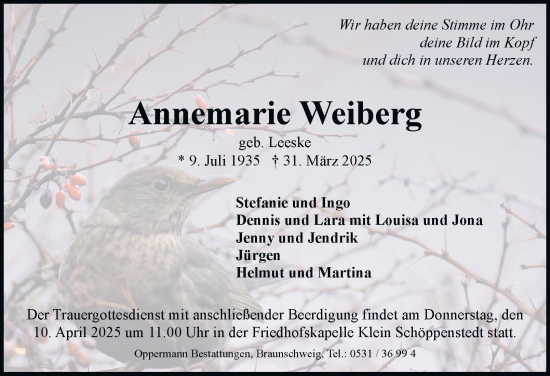 Traueranzeige von Annemarie Weiberg 