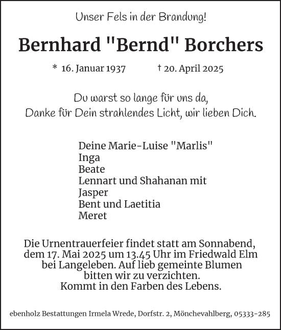 Traueranzeige von Bernhard Borchers 