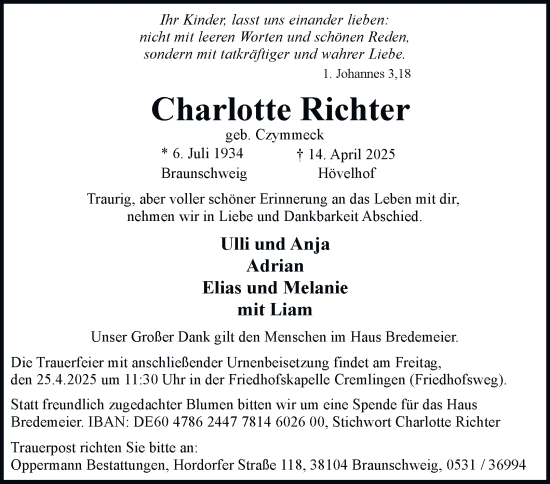 Traueranzeige von Charlotte Richter 