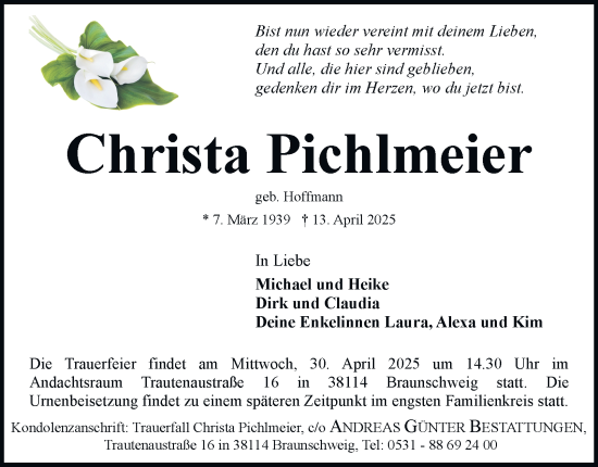 Traueranzeige von Christa Pichlmeier 