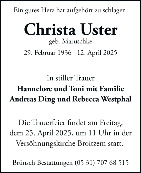 Traueranzeige von Christa Uster 