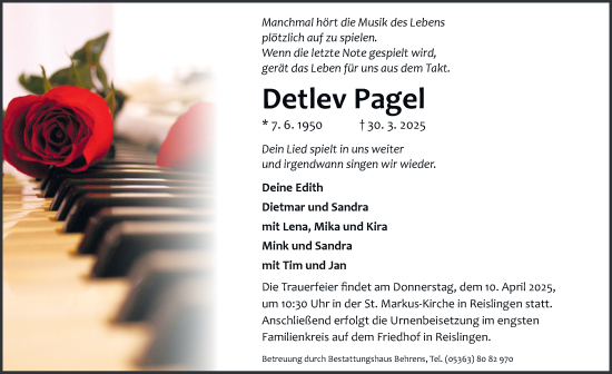 Traueranzeige von Detlev Pagel 