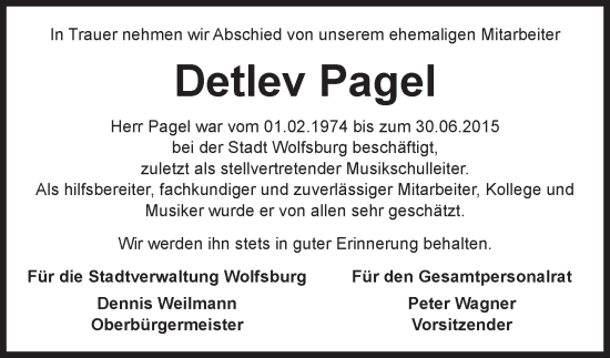 Traueranzeige von Detlev Pagel 