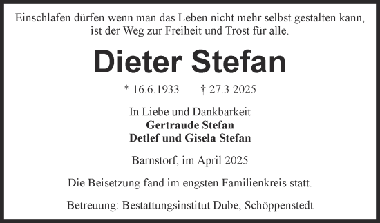 Traueranzeige von Dieter Stefan von Wolfenbütteler Zeitung