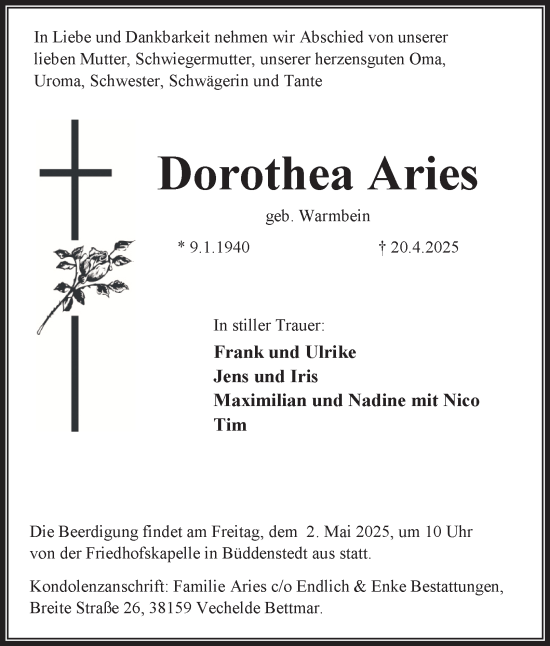 Traueranzeige von Dorothea Aries von Helmstedter Nachrichten