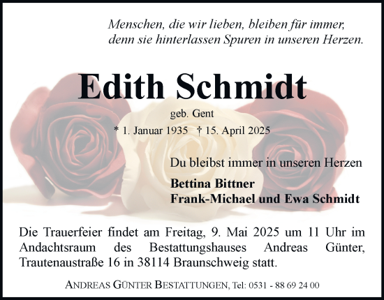Traueranzeige von Edith Schmidt 