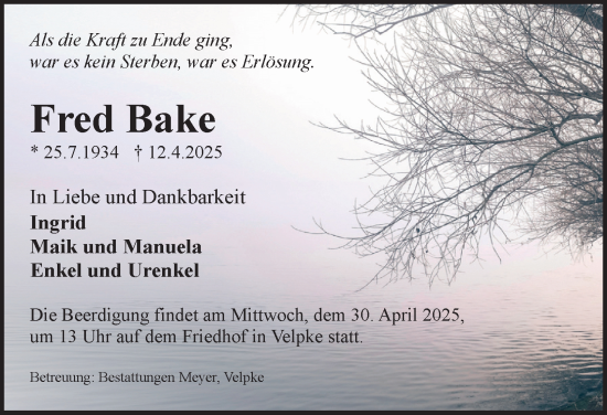 Traueranzeige von Fred Bake 