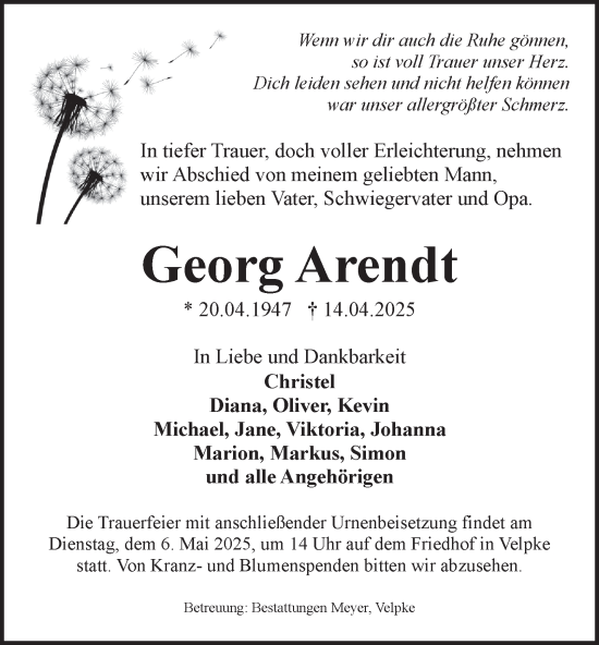 Traueranzeige von Georg Arendt von Helmstedter Nachrichten