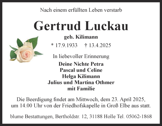 Traueranzeige von Gertrud Luckau von Salzgitter-Zeitung