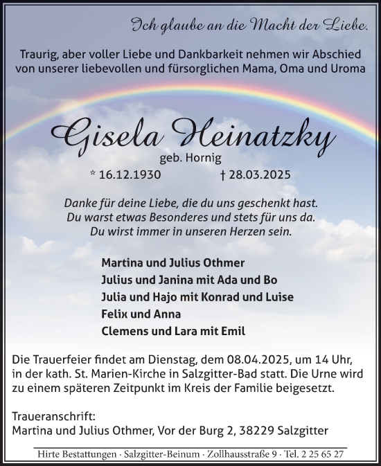 Traueranzeige von Gisela Heinatzky von Salzgitter-Zeitung