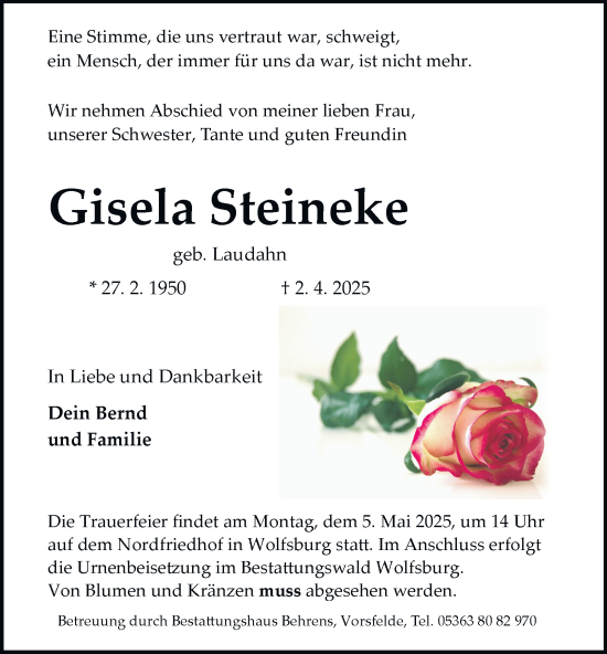 Traueranzeige von Gisela Steineke 
