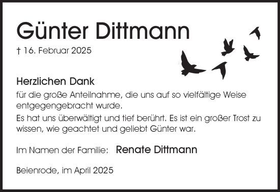 Traueranzeige von Günter Dittmann von Helmstedter Nachrichten