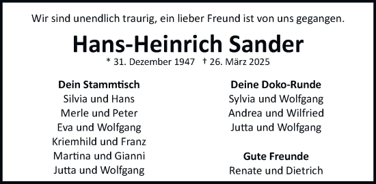 Traueranzeige von Hans-Heinrich Sander 