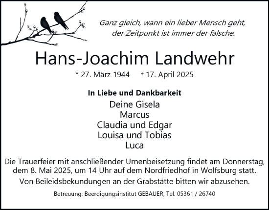 Traueranzeige von Hans-Joachim Landwehr 