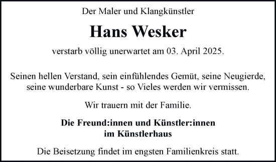 Traueranzeige von Hans Wesker 