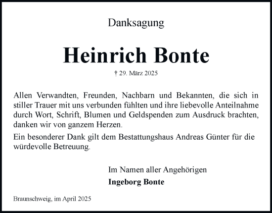 Traueranzeige von Heinrich Bonte 